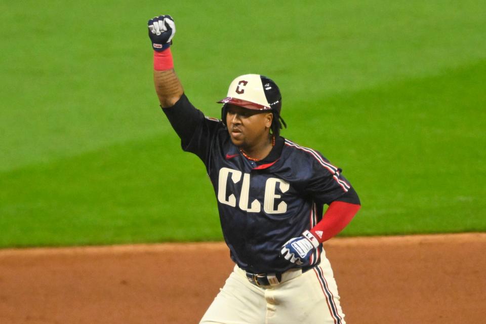 Cleveland Guardians third baseman Jose Ramirez (11) celebrates his solo home run in the eighth inning against the Minnesota Twins on Friday at Progressive Field.