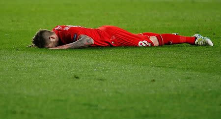 Football Soccer - Villarreal v Liverpool - UEFA Europa League Semi Final First Leg - El Madrigal Stadium, Villarreal, Spain - 28/4/16 Liverpool's Alberto Moreno looks dejected Reuters / Albert Gea Livepic