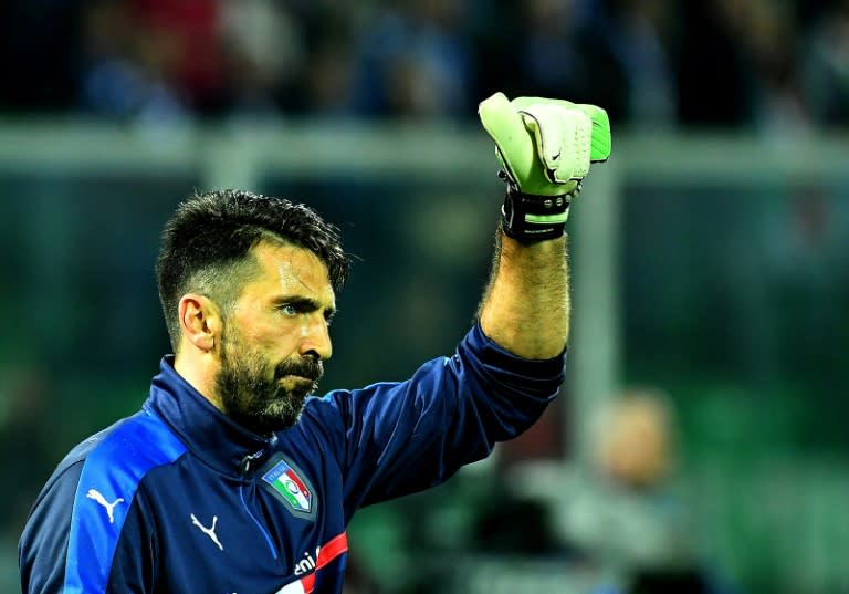 Italy's goalkeeper Gianluigi Buffon warms up before the FIFA World Cup 2018 qualification football match against Albania on March 24, 2017