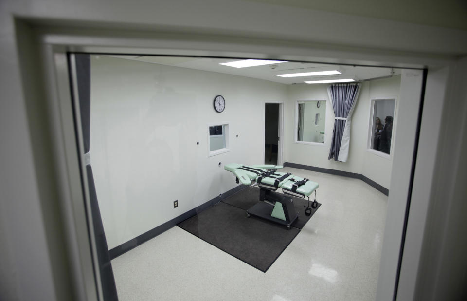 FILE - This Sept. 21, 2010, file photo shows the interior of the lethal injection facility at San Quentin State Prison in San Quentin, Calif. Gov. Gavin Newsom is expected to sign a moratorium on the death penalty in California Wednesday, March 13, 2019. (AP Photo/Eric Risberg, File)
