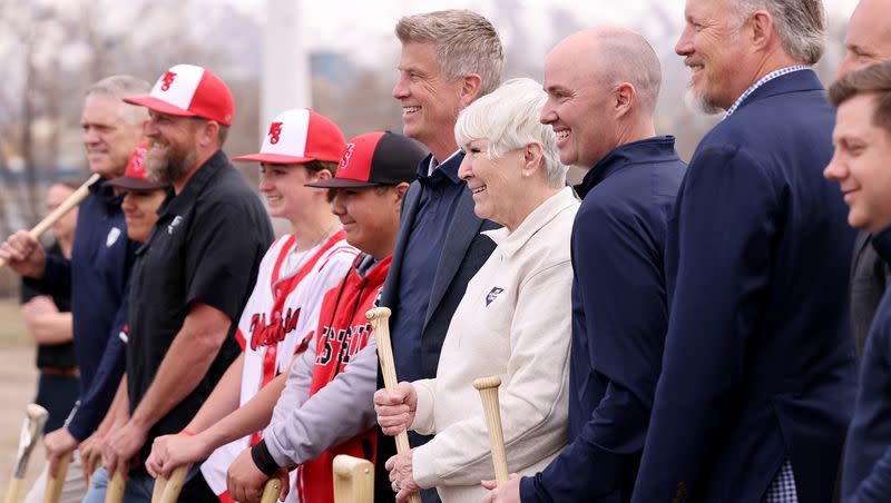 Gail Miller poses for photos with Gov. Spencer Cox and other leaders and community members at the groundbreaking of the Rocky Mountain Power District property on Wednesday, April 12, 2023. Miller also announced plans to hopefully bring a Major League Baseball team to the area.