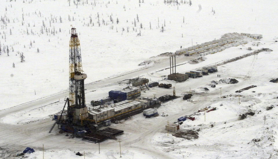 FILE - Rosneft oil rig is seen at the Rosneft's Vankor oil field in eastern Siberia, about 2,800 km (1,740 miles) east of Moscow, Russia on March 21, 2007. Prices for Russian oil have risen well above a price cap imposed by Western allies as part of sanctions over the invasion of Ukraine. And that is putting the cap to its first serious test. The idea is to limit President Vladimir Putin’s earnings from oil by barring Western insurers and shippers from handling oil above $60 per barrel. (AP Photo/Sergey Ponomarev, File)