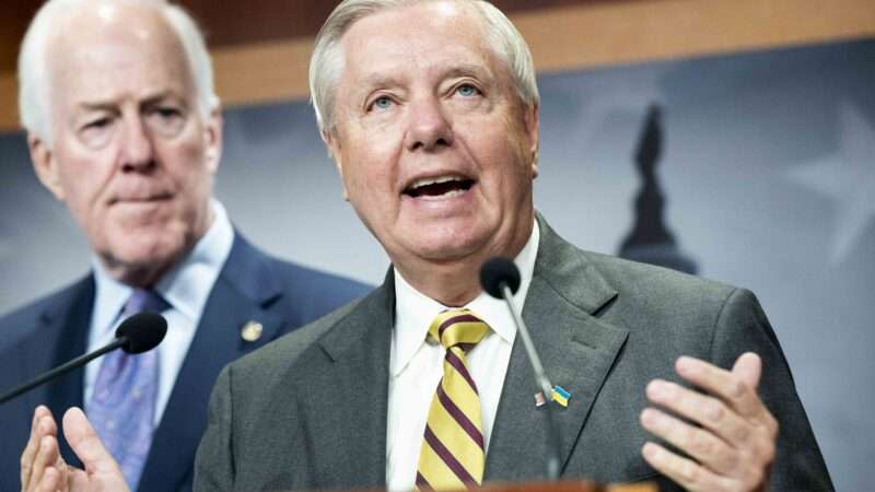 Sen. Lindsey Graham (R-S.C.) speaking at a press conference organized by Senate Republicans at the U.S. Capitol on September 27, 2023.