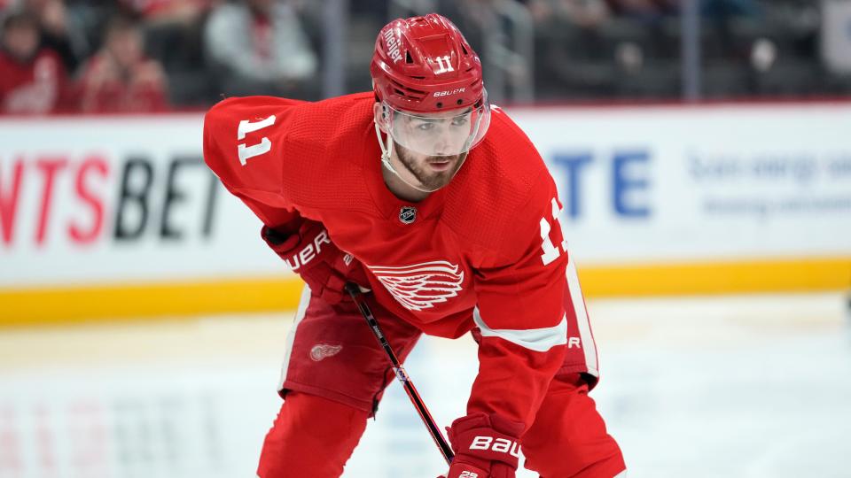Red Wings right wing Filip Zadina plays in the second period of the Wings' 4-3 loss on Thursday, March 23, 2023, at Little Caesars Arena.