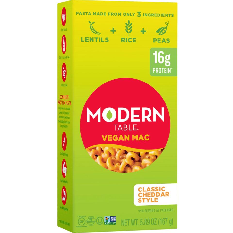 <p>The only vegan alternative on the list, <a href="https://www.moderntable.com/product/classic-cheddar-vegan-mac/" rel="nofollow noopener" target="_blank" data-ylk="slk:Modern Table Vegan Mac;elm:context_link;itc:0;sec:content-canvas" class="link ">Modern Table Vegan Mac</a> is gluten-free and dairy-free. The noodles are made of three ingredients including pea protein, rice and lentils. We tried, but were not able to eat more than one bite of this. The substitutes to create cheese made it not taste like macaroni and cheese at all. The description from the brand does recommend adding veggies, which might help add a bit of flavor to the dish. </p>