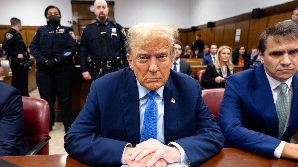PHOTO: Former President Donald Trump sits in the courtroom during his hush money trial at Manhattan criminal court, Apr. 26, 2024, in New York City.  (Michael M. Santiago/Getty Images)