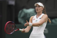 Kazakhstan's Elena Rybakina gestures during the first round women's singles match against Shelby Rogers of the US on day two of the Wimbledon tennis championships in London, Tuesday, July 4, 2023. (AP Photo/Alberto Pezzali)