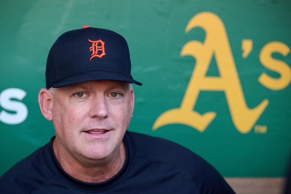 Detroit Tigers manager A.J. Hinch (14) talks to the media in the dugout before the game against the Oakland Athletics at Oakland Coliseum in Oakland, California, on Thursday, Sept. 21, 2023.