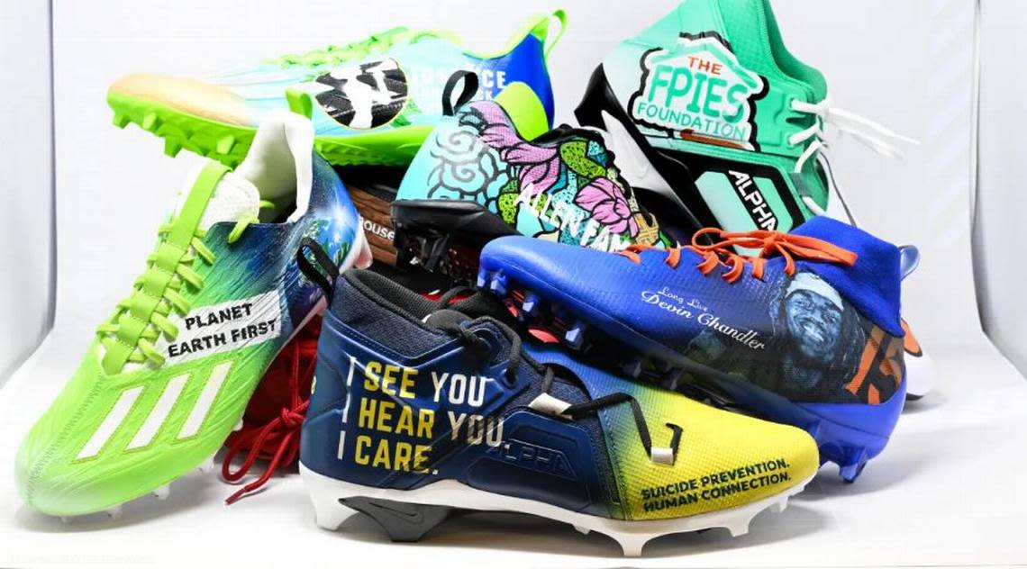 An assortement of the shoes 31 Seahawks players will be wearing in Sunday’s game at the Los Angeles Rams. It’s the NFL’s annual My Cause My Cleats week.