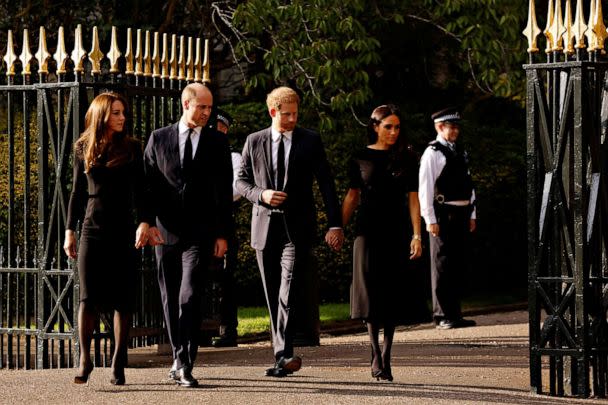 PHOTO: Britain's William, Prince of Wales, Catherine, Princess of Wales, Prince Harry and Meghan, the Duchess of Sussex, walk outside Windsor Castle, following the passing of Britain's Queen Elizabeth, in Windsor, Britain, Sept. 10, 2022. (Andrew Couldridge/Reuters)