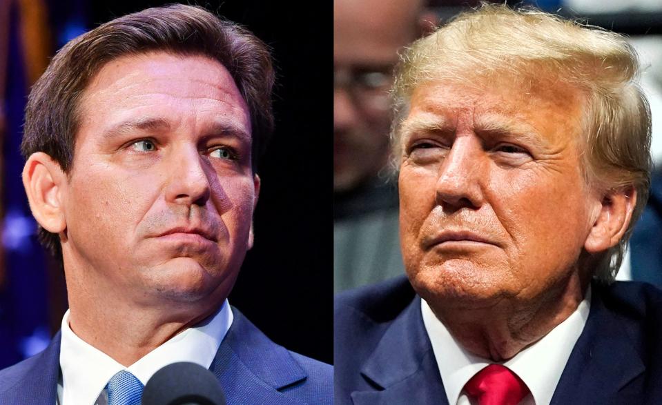 A combination of images shows Florida Governor Ron DeSantis , left, and former President Donald Trump.