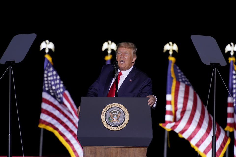 President Donald Trump speaks at a rally at Minden-Tahoe Airport in Minden, Nev., Saturday, Sept. 12, 2020. (AP Photo/Andrew Harnik)