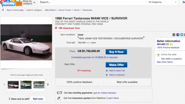 Miami Vice' Ferrari Testarossa listed on  for $1.75 milion