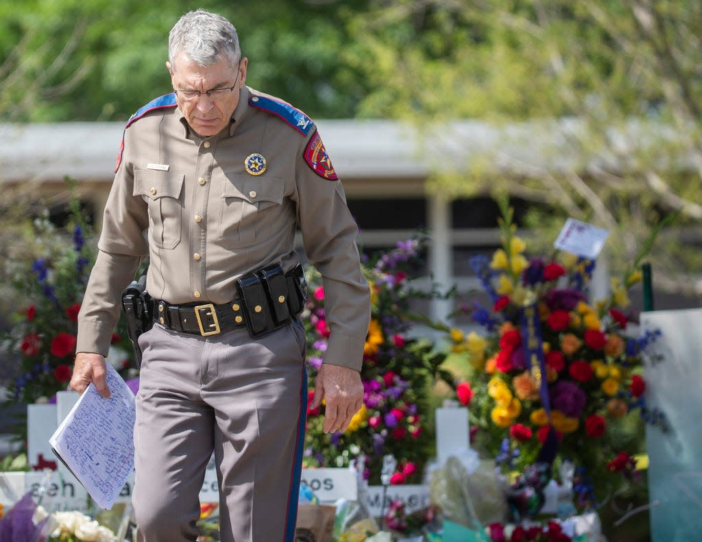 Director of Department of Public Safety Steven McCraw arrives to give a press conference in front of Robb Elementary School in Uvalde, Texas on May 27, 2022.