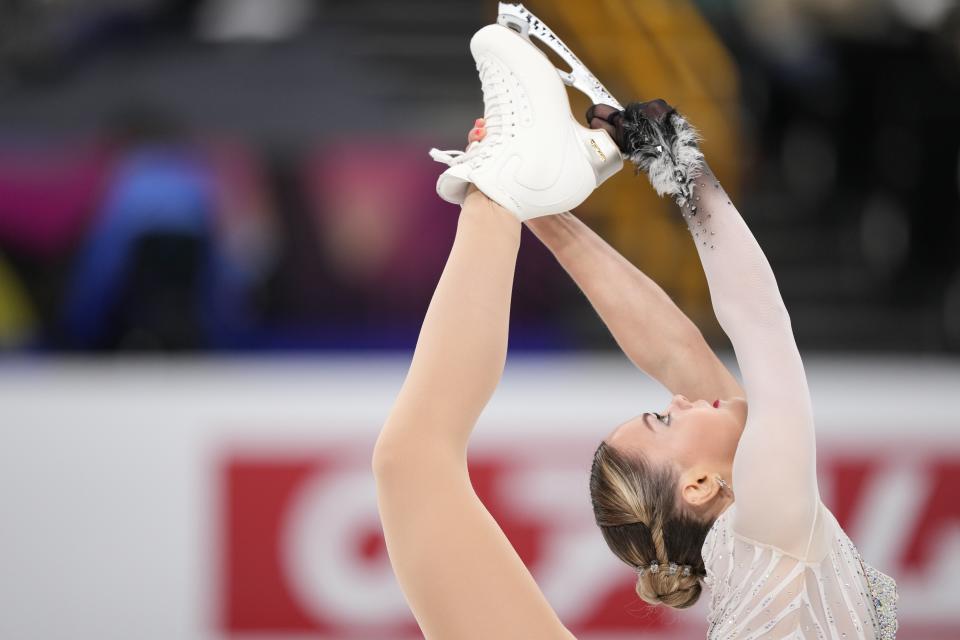 Loena Hendrickx of Belgium performs during the women's free skating program in the World Figure Skating Championships in Saitama, north of Tokyo, Friday, March 24, 2023. (AP Photo/Hiro Komae)