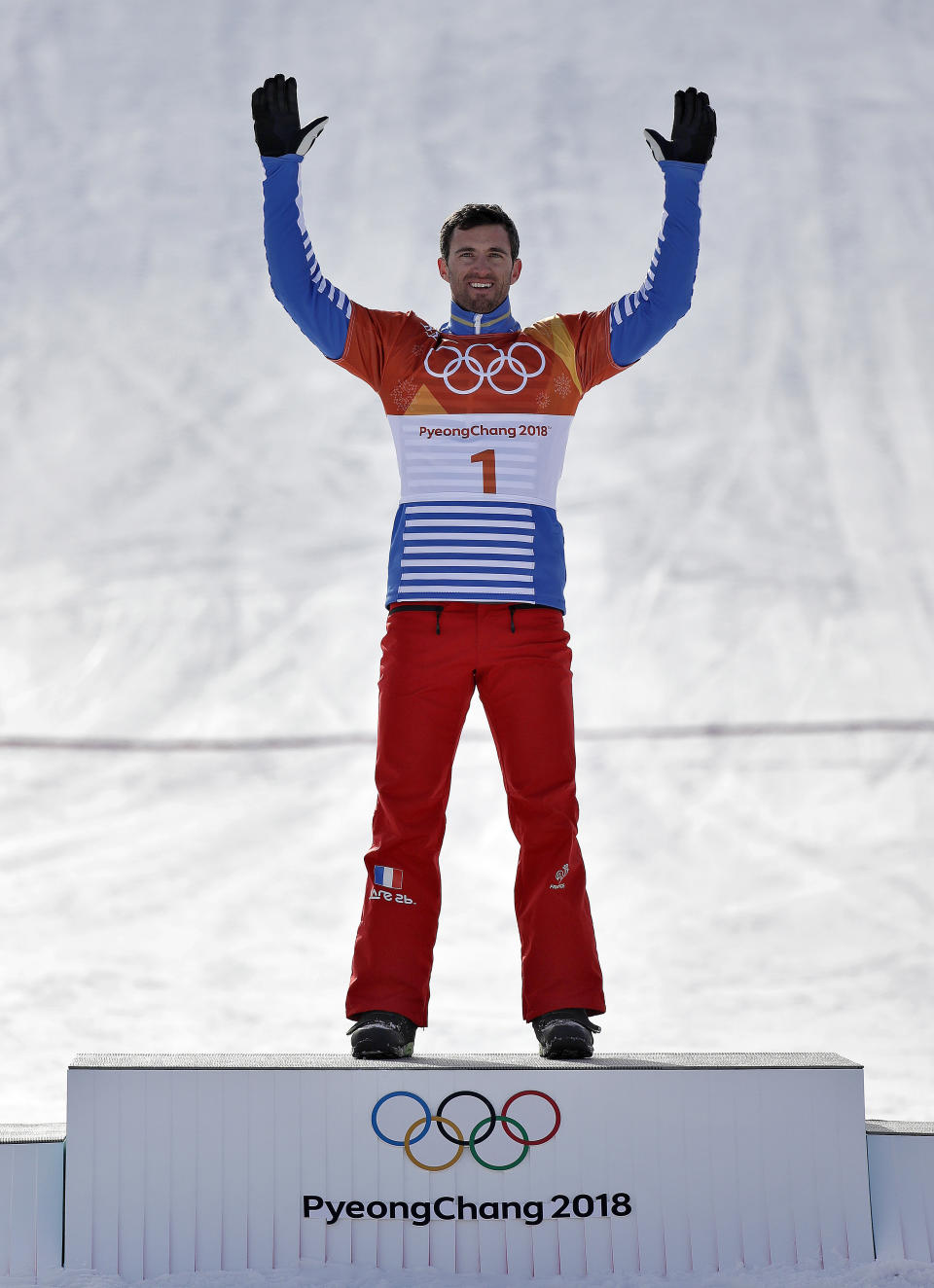 <p>Gold medal winner Pierre Vaultier, of France, celebrates after the men’s snowboard cross final at Phoenix Snow Park at the 2018 Winter Olympics in Pyeongchang, South Korea, Thursday, Feb. 15, 2018. (AP Photo/Gregory Bull) </p>