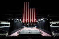 The debate stage, still under construction, in the Curb Event Center at Belmont University is viewed by members of the media during a tour Friday, Oct. 16, 2020, in Nashville, Tenn. The final debate between President Donald Trump and former Vice President Joe Biden is scheduled to be held at Belmont University Oct. 22. (AP Photo/Mark Humphrey) (AP)