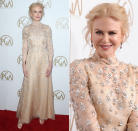 <p>Auf den Producers Guild Awards zeigte Nicole Kidman in ihrer nudefarbenen Robe von Prada nicht nur, dass sie sich 2017 wieder in die A-Riege der Promi-Fashionistas zurückkämpfen will – sie überraschte auch mit überraschend vielfältiger Mimik. (Bilder: WENN, Getty Images) </p>