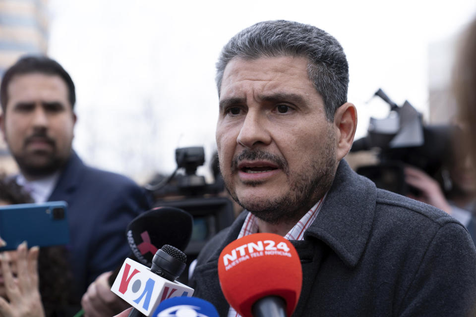 Nicaraguan Juan Sebastián Chamorro talks to reporters in Chantilly, Va., Thursday, Feb. 9, 2023, after flying in to the Washington Dulles International Airport. Chamorro was among some 222 prisoners of the government of Nicaraguan President Daniel Ortega who arrived in Washington on Thursday. (AP Photo/Jose Luis Magana)