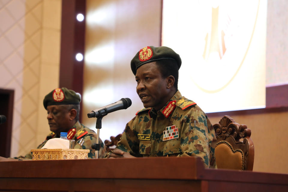 Sudan's ruling Military Council spokesperson Shamseddine Kabbashi makes a speech as he holds a press conference at the Presidential Palace in Khartoum, Sudan, Thursday, June 13, 2019. (AP Photo)