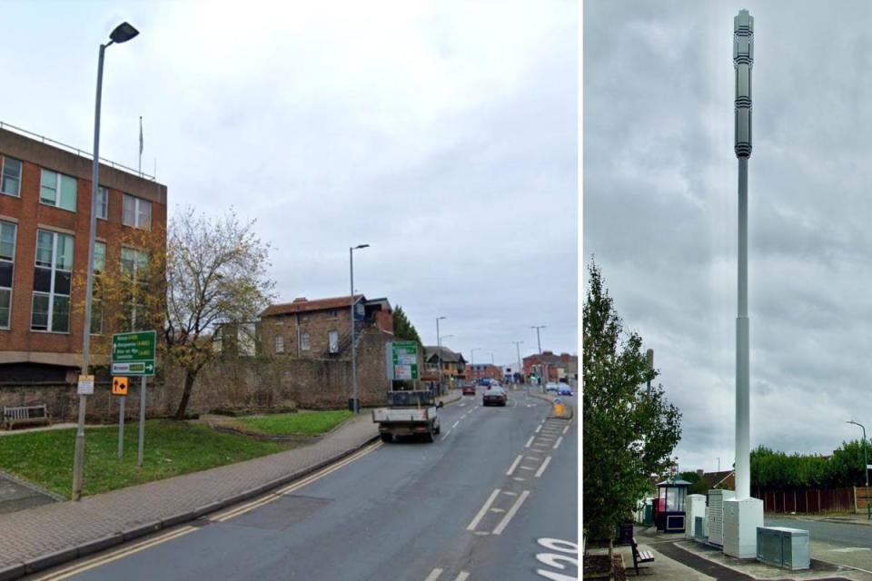 The proposed site for the pole, by Hereford\'s mediaeval city wall, and a similar pole already installed.
