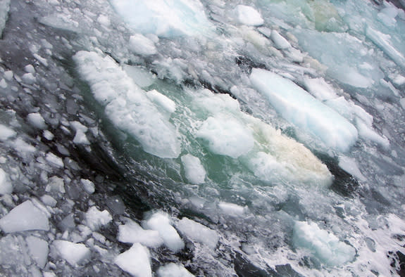 The sea surface above the East Siberian Arctic Shelf is full of ice and bubbles.