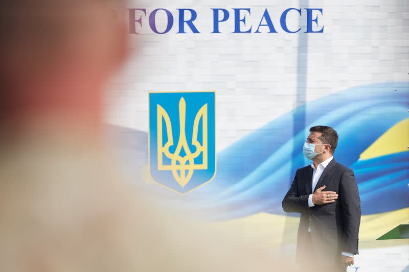 Ukrainian President Volodymyr Zelenskiy attends the opening of the Rapid Trident – 2020 international military exercises in Lviv Region