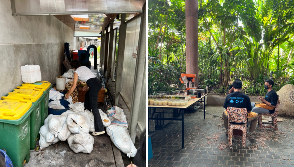 All trash produced by the hotel is sorted, cleaned, recycled or upcycled into other useful things, like the chair in the photo on the right. (Photo: Stephanie Zheng)