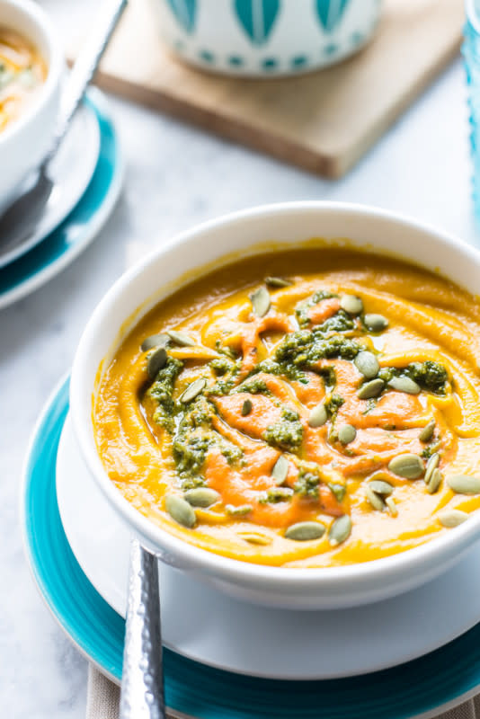<p>Pineapple & Coconut</p><p>A really flavorful Roasted Carrot and <a href="https://www.pineappleandcoconut.com/recipes/roasted-butternut-squash-soup/" rel="nofollow noopener" target="_blank" data-ylk="slk:Butternut Squash Soup;elm:context_link;itc:0;sec:content-canvas" class="link rapid-noclick-resp">Butternut Squash Soup</a> topped with walnut pesto and a roasted red pepper puree. Filling and healthy!</p><p><strong>Get the recipe: <a href="https://www.pineappleandcoconut.com/recipes/roasted-carrot-butternut-squash-soup/" rel="nofollow noopener" target="_blank" data-ylk="slk:Roasted Carrot and Butternut Squash Soup;elm:context_link;itc:0;sec:content-canvas" class="link rapid-noclick-resp">Roasted Carrot and Butternut Squash Soup</a></strong></p>