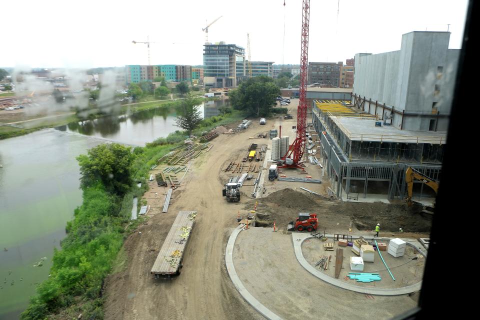 From the sixth floor of the Steel District office tower, Kiwanis Park and the Big Sioux River are seen to the left (southeast). The parking ramp and wrap building are to the right, and the Cherapa Place development can be seen in the back/to the south on Friday, June 16.