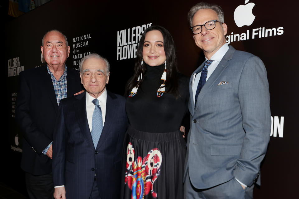 (L-R) Chief Standing Bear (Osage Nation), Martin Scorsese (Director), Lily Gladstone (Actor), Jake Tapper (Moderator) // CREDIT: Dave Allocca / for Apple