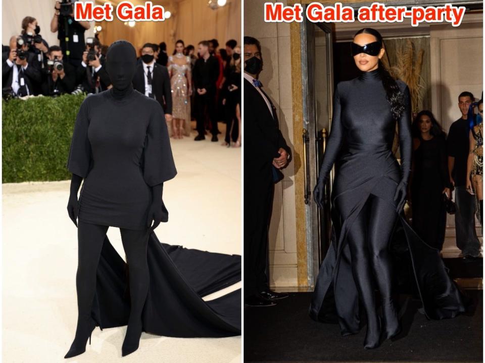 Kim Kardashian at the Met Gala 2021 (left) and on her way to the after-party (right).