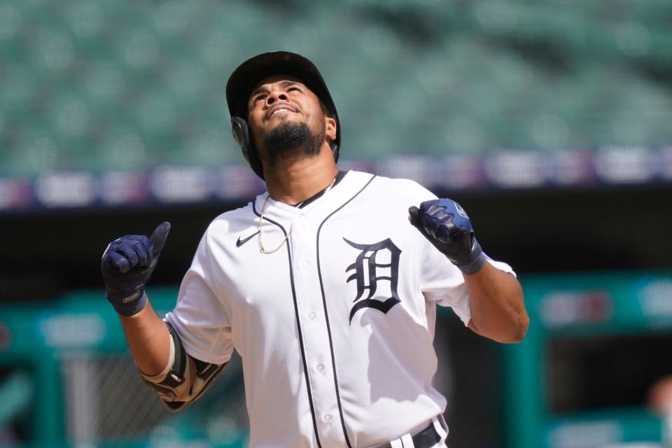 Detroit Tigers' Jeimer Candelario approaches home plate after a solo home run vs. the Minnesota Twins during the fourth inning Sunday, Aug. 30, 2020, in Detroit.