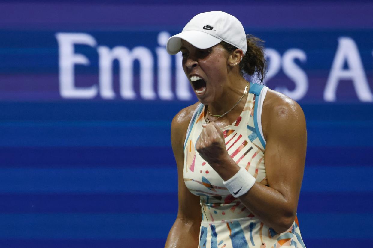 Madison Keys, of the United States, reacts after breaking the serve of Marketa Vondrousova, of the Czech Republic, during the quarterfinals of the U.S. Open tennis championships, Wednesday, Sept. 6, 2023, in New York. (AP Photo/Jason DeCrow)