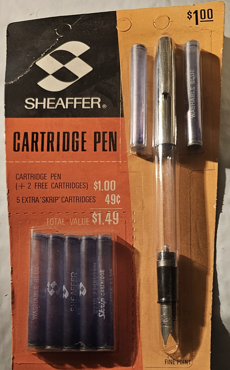 Vintage Sheaffer cartridge pen package labeled "$1.00," includes one pen with two free and five extra 'Skrip' cartridges valued at $1.49, featuring a fine point nib