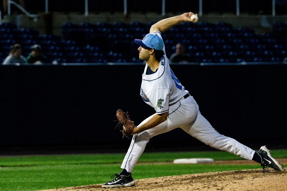 Wilmington Blue Rocks pitcher Jaren Zinn throws a pitch during the South Atlantic League home opener against the Hickory Crawdads at Frawley Stadium in Wilmington, Tuesday, April 11, 2023. Hickory won 3-2.