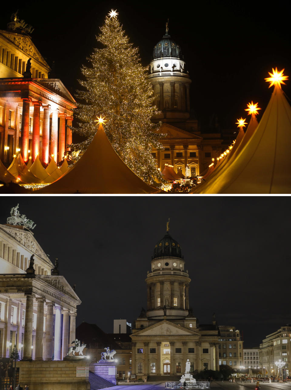 This combination image shows a file photo dated Monday, Nov. 25, 2013, of the Gendarmenmarkt square with the traditional Christmas Market in Berlin Germany, top, and the square on Monday, Nov. 23, 2020, below. Christmas markets, a cherished tradition in Germany and neighboring countries, have joined the long list of institutions canceled or diminished because of the coronavirus pandemic this year. (AP Photo/Markus Schreiber, file)