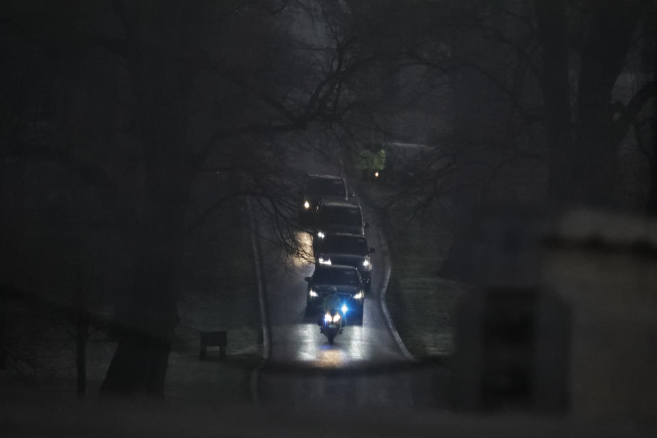 A convoy is arriving for a NATO leaders meeting at The Grove hotel and resort in Watford, Hertfordshire, England, Wednesday, Dec. 4, 2019. As NATO leaders meet and show that the world's biggest security alliance is adapting to modern threats, NATO Secretary-General Jens Stoltenberg is refusing to concede that the future of the 29-member alliance is under a cloud. (AP Photo/Frank Augstein)