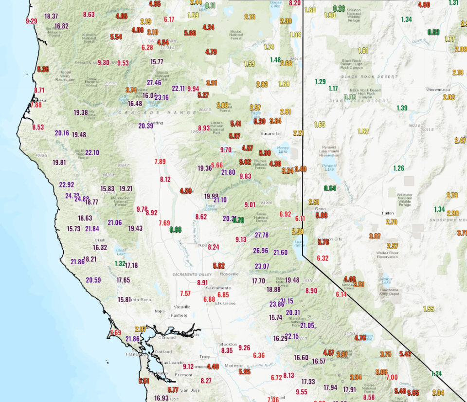 This image provided by the National Weather Service shows the several inches of rain dumped on parts of Central California from December 26 to midday January 12.  / Credit: NWS Western Region Headquarters