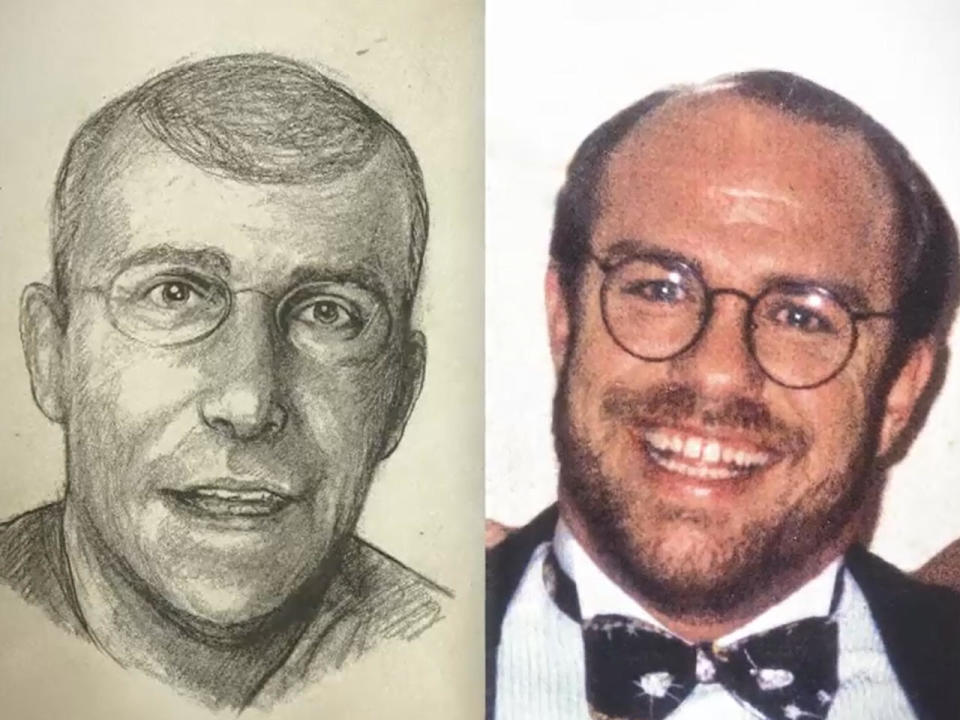 A police sketch, left, and an unidentified man photographed with Kay Wenal. 