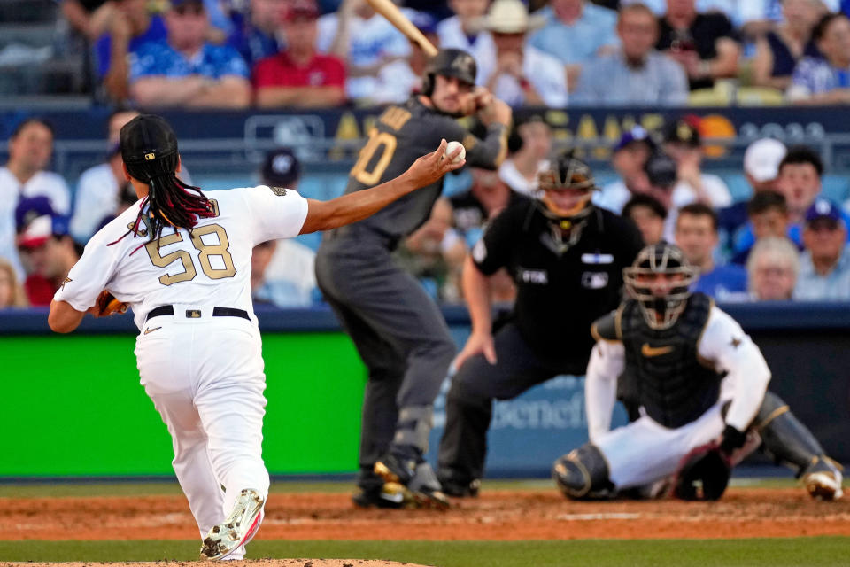 Jul 19, 2022; Los Angeles, California, USA; National League pitcher Luis Castillo (58) of the Cincinnati Reds pitches against the American League during the fifth inning of the 2022 MLB All Star Game at Dodger Stadium. Mandatory Credit: Robert Hanashiro-USA TODAY Sports