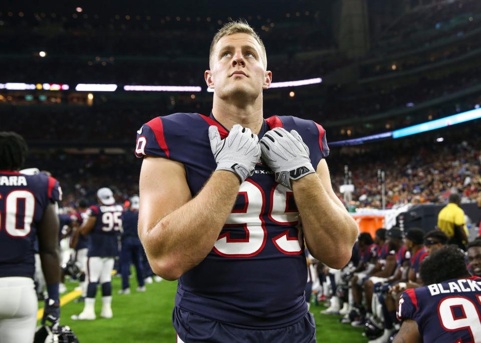 Houston Texans defensive end J.J. Watt (99) walks on the sideline during a game against the San Francisco 49ers at NRG Stadium in 2018.