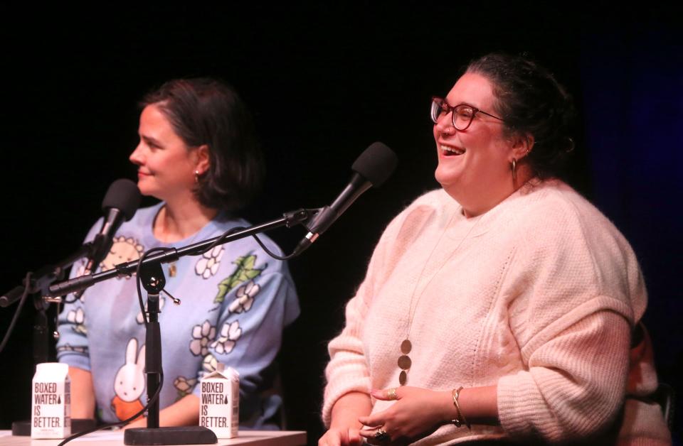 Carmen Maria Machado, right, discusses the anthology “Critical Hits: Writers Playing Video Games” that she edited on the Live Wire Radio show during the Mission Creek Festival Saturday, April 6, 2024 at the James Theater in Iowa City, Iowa.