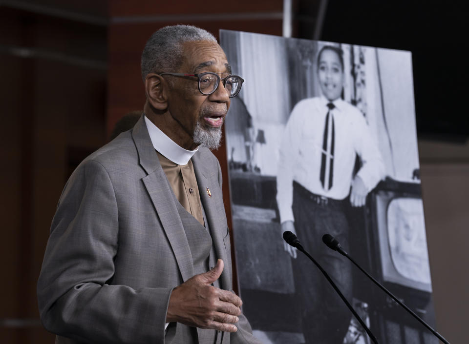 FILE - Rep. Bobby Rush, D-Ill., speaks during a news conference about the "Emmett Till Anti-Lynching Act" on Capitol Hill in Washington, on Feb. 26, 2020. Emmett Till, pictured at right, was a 14-year-old African-American who was lynched in Mississippi in 1955, after being accused of offending a white woman in her family's grocery store. Legislation that would make lynching a federal hate crime in the U.S. is expected to be signed into law next week by President Joe Biden. (AP Photo/J. Scott Applewhite, File)