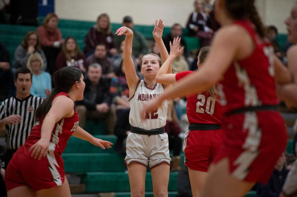 Millis High School's Kyra Rice lets a shot fly against Hoosac Valley in the state Div. 5 semifinals at the Springfield High School of Science and Technology, March 15, 2023.