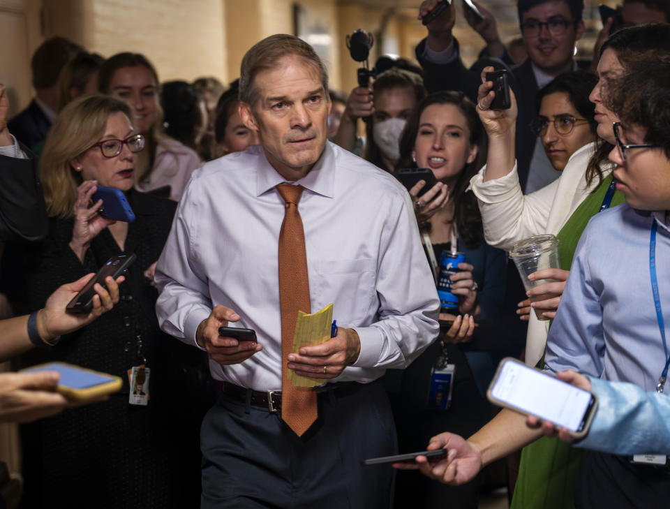 WASHINGTON, DC - OCTOBER 4: 
Rep. Jim Jordan(R-OH) makes his way through a gauntlet of reporters as he makes his way towards a GOP leadership meeting at the Capitol in the wake of the Speaker of the House crisis, in Washington, DC. 
(Photo by Bill O'Leary/The Washington Post via Getty Images)