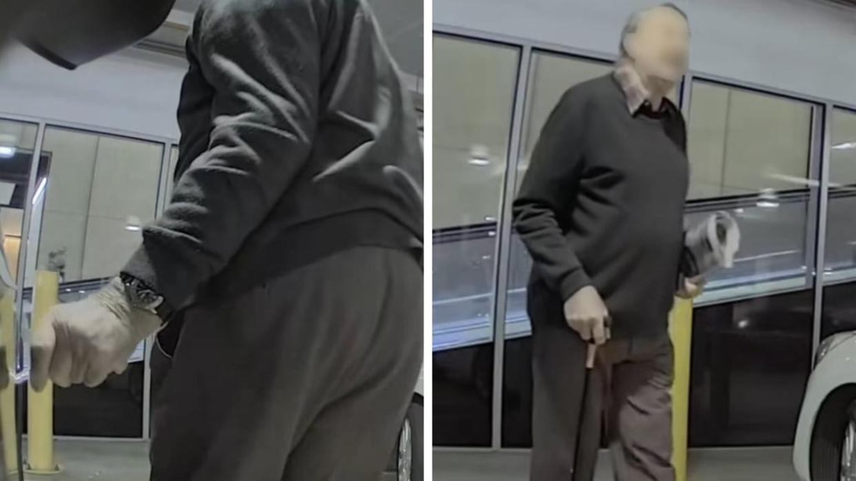 An elderly man has been caught on video appearing to key a car in a busy shopping centre. Picture: Facebook / Dash Cam Owners Australia