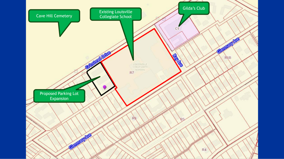 A map of the demolition site of the Yorkshire Apartments adjacent to the Louisville Collegiate School.