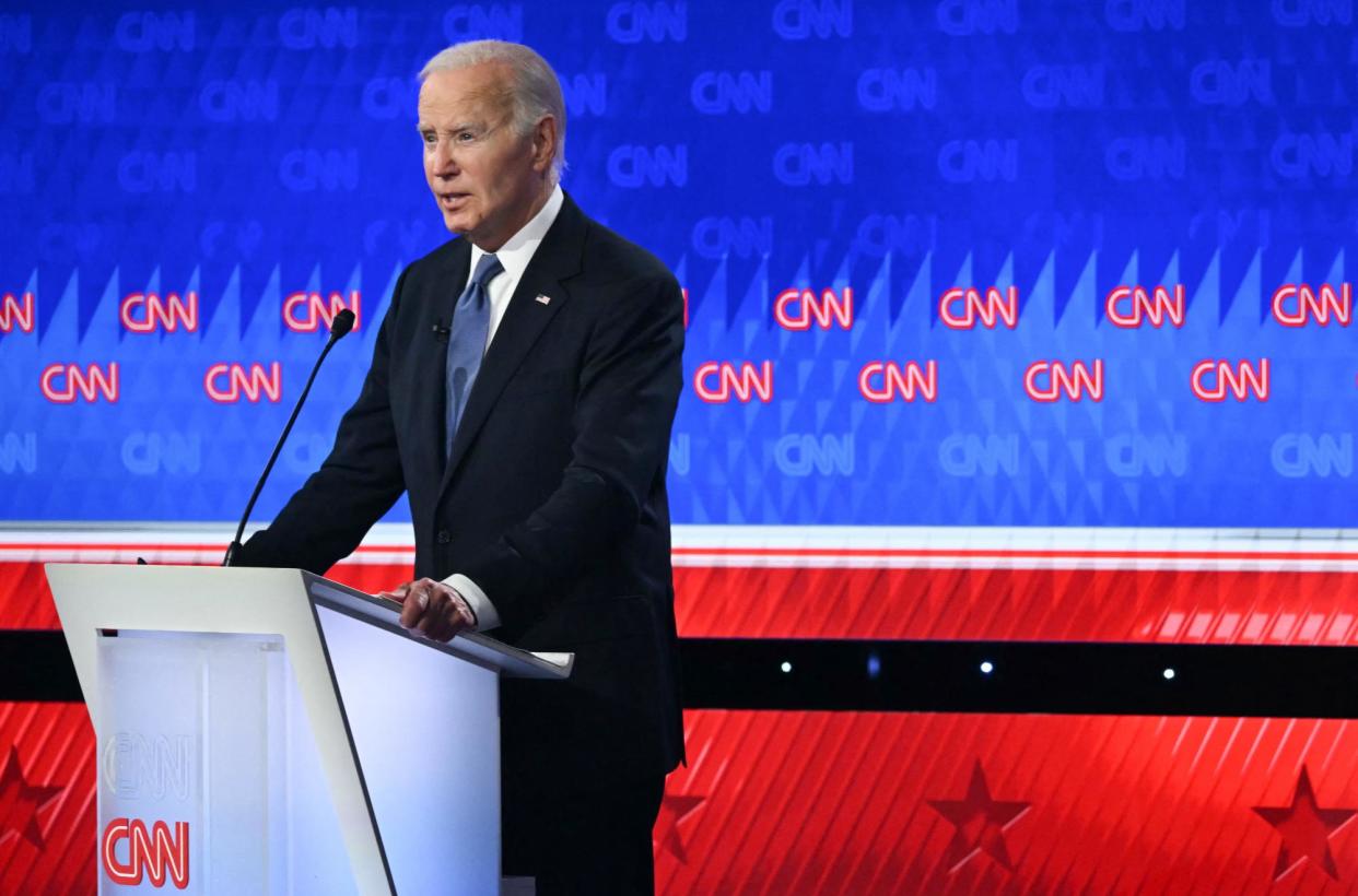 <span>Joe Biden speaks during a debate with Donald Trump in Atlanta on 27 June 2024.</span><span>Photograph: Andrew Caballero-Reynolds/AFP/Getty Images</span>