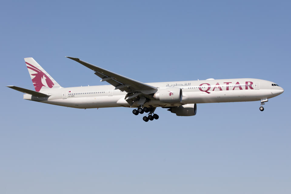 A Qatar Airways Boeing 777 lands at London Heathrow Airport, England on Monday 14th September 2020.  (Photo by Robert Smith/MI News/NurPhoto via Getty Images)